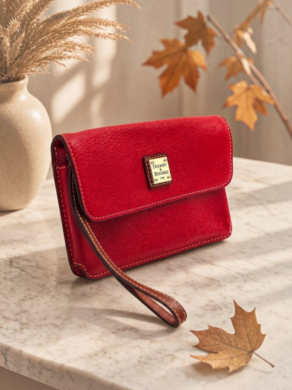 Dooney and Bourke Pebble Grain Milly Wristlet Wallet Red Leather Classic 7.25"